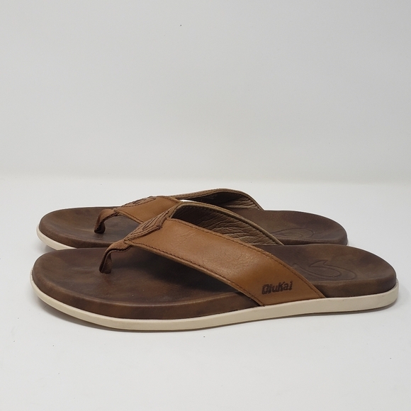 Olukai Sandals Men’s 8 Nalukai Brown Tan Leather Flip Flops - Picture 2 of 9